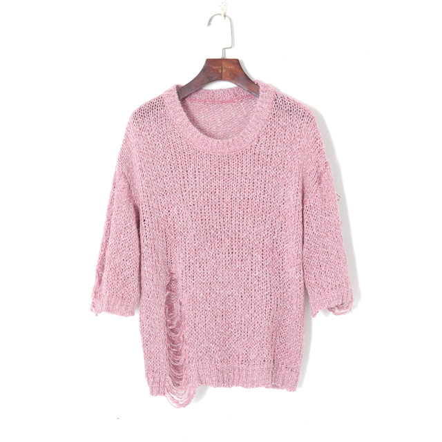 2021 Spring Women's Korean Style Sweet Mixed Silk Round Neck Pullover Drop Shoulder Sleeves Western Style Hollow Hole Loose Sweater