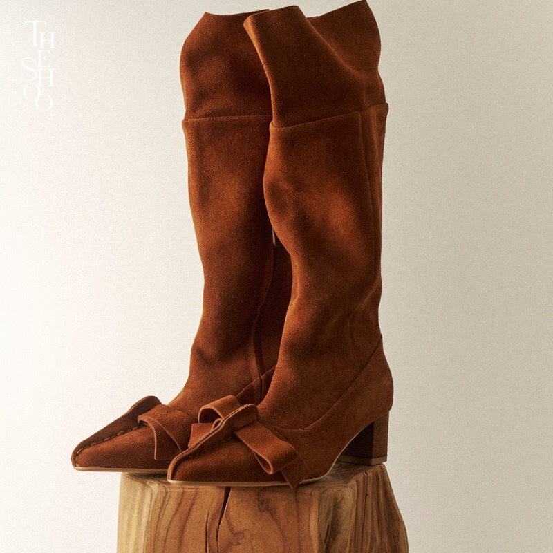 The Shoo Early Spring Sunny Weather Sun Qian Same Style Genuine Leather Suede Handmade Outer Stitching Wax Thread Bow High-Heeled Long Boots The Shoo Early Spring Sunny Weather Sun Qian Same Style Genuine Leather Suede Handmade Outer Stitching Wax Thread Bow High-Heeled Long Boots