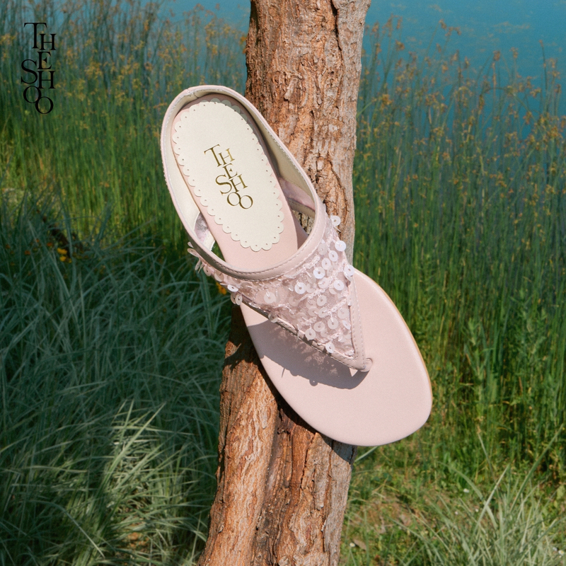 The Shoo Sequin Mesh Flip-Flops Casual Sheepskin Non-Slip Flat Sequin Lazy Exclusive Style Slippers