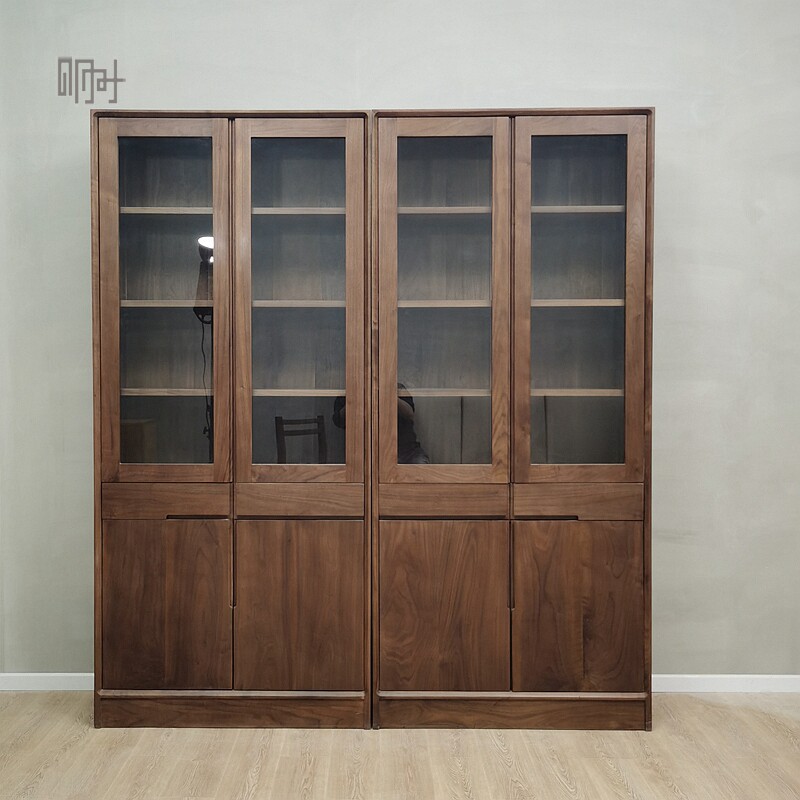 Mingshi woodwork Beijing custom simple white wax cherry hard maple black walnut pure solid log bookcase solid wood combination