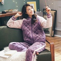 Pajamas womens winter thickened velvet coral velvet padded cotton three layers of warm ultra-thick spring and autumn home clothes suit can be worn outside