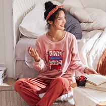 Pajamas womens spring and autumn thickened island velvet home clothes suit round neck plush autumn and winter thin velvet coral velvet fashion wear