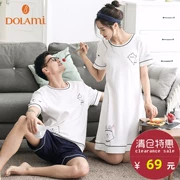 Giải phóng mặt bằng cặp vợ chồng mùa hè Bộ đồ ngủ ngắn tay Cotton Nightdress Nữ mùa hè cổ áo dễ thương Phim hoạt hình nam dịch vụ nhà - Giống cái