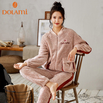 Pajamas womens autumn and winter coral velvet plus velvet thickened warm can be worn outside spring and autumn leisure home clothes Flannel suit