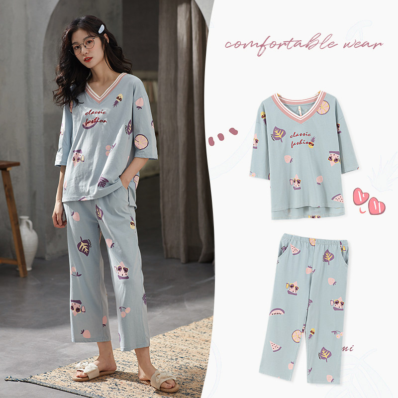 Doramei pajamas women's spring and autumn cotton seven-point sleeves nine-point pants home clothes summer suit 2022 new autumn