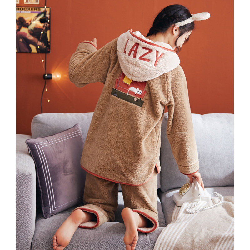 Autumn Winter Coral Fleece Pyjamas Lady Long Sleeve Warm Home Clothing Thickening Plus Suede Cap Pure Color Flannel Suede Suit