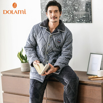 Pajamas mens winter coral velvet thickened three layers of cotton mens autumn and winter warm fashion can wear zipper home clothes