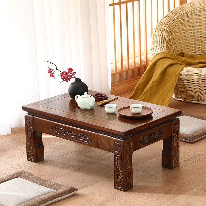 Solid wood floating window small tea table table day style tatami old elm wood tea table short table vintage wind can customize the kang table-Taobao