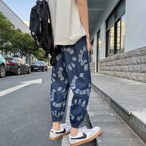 Summer ruffle chic Hong Kong flavor tie pants mens Joker Korean ins straight jeans student nine-point Haren pants