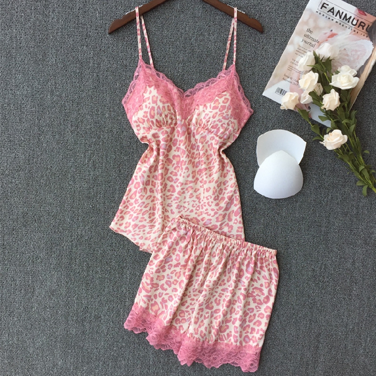 Temptation pajamas summer ice silk BAO WEN suspenders shorts lace belt chest pad two-piece sexy thin home clothes