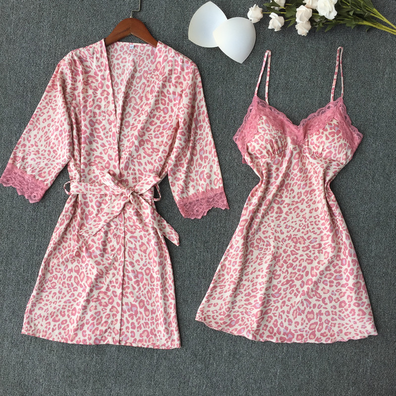 Sexy pajamas summer girl ice silk BAO WEN pink thin section sling nightgown two-piece cute chest pad lace home service