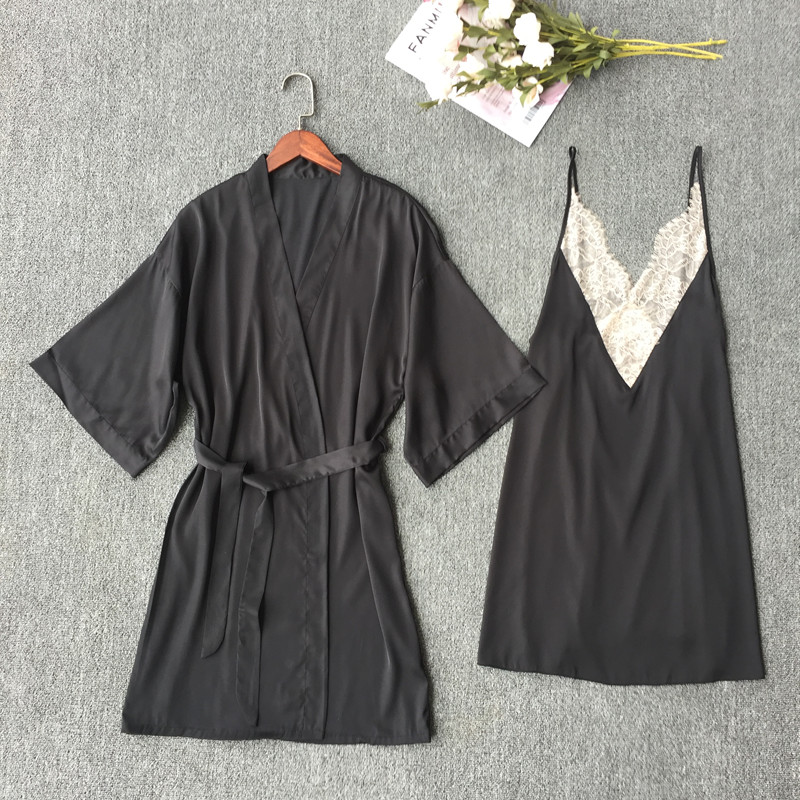 Sexy pajamas Xia Bingsi thin suspender skirt bathrobe air conditioning solid color can be worn outside short-sleeved two-piece suit home clothes