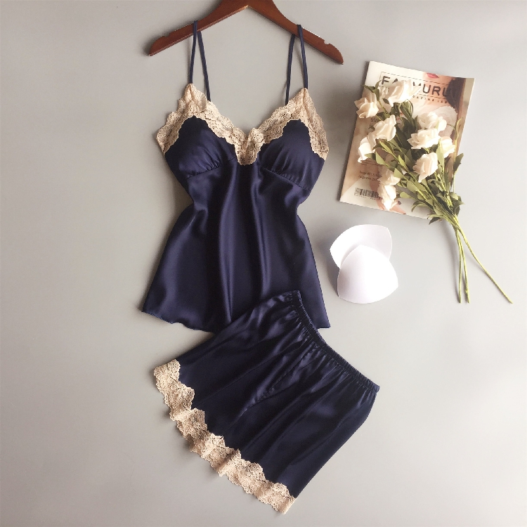 Spring new women's thin ice silk pajamas suspenders shorts suit summer sexy and cute two lace flower home clothes