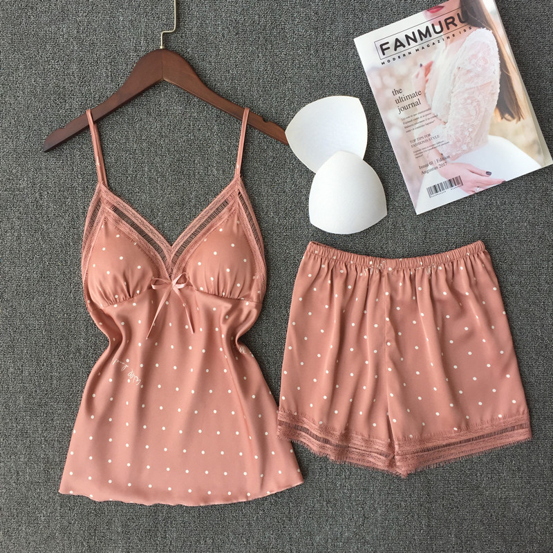 Pajamas female summer ice silk suspension shorts thin wavedots lovely chest lace private home suit