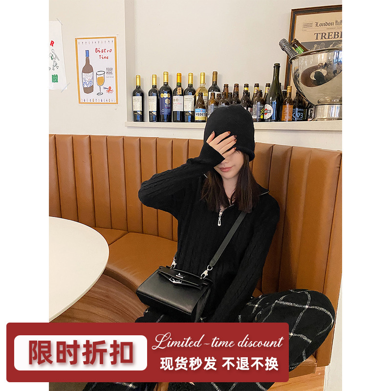 Small candied custom black turtlenecks semi-laced stitch cardio-hoodie women's spring and autumn temperament slim and short and numb sweater