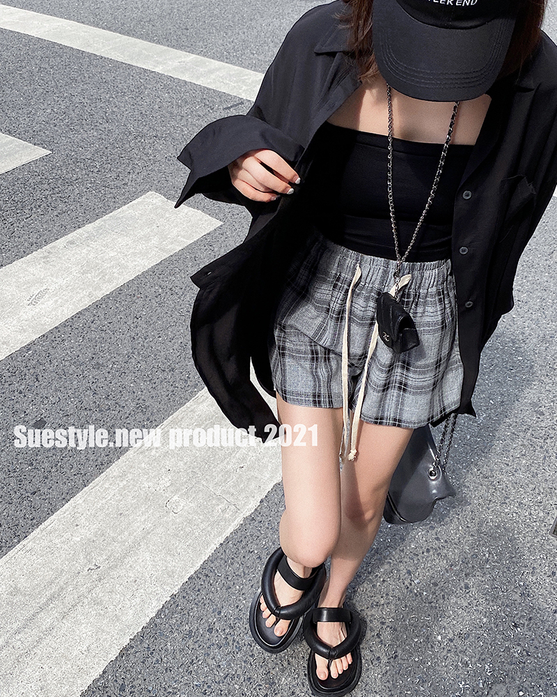 Xiao Nian custom private clothes summer new loose five-point shorts high waist and thin a-line plaid suit wide-leg shorts