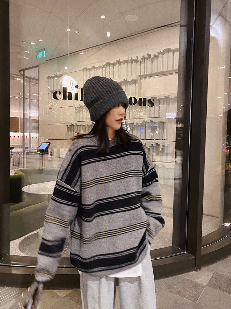 Xiao Nian Custom American Retro Striped Sweater Jacket Women's 2021 Winter New Thickened Lazy Sweater Jacket