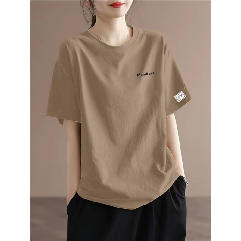 Korean 2026 New Style Pure Cotton Letter T-Shirt for Women, Summer Wear, Loose Fit, Plus Size, Slimming, Tummy-Covering, Regular Shoulder, Round Neck Top