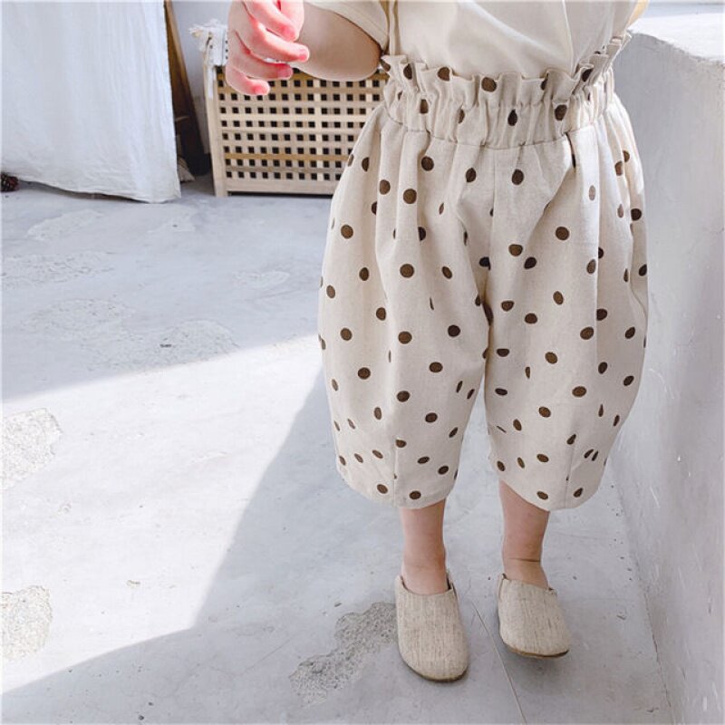2022 summer new style boys and girls 7 minutes pants polka dot mid-length shorts baby loose and comfortable Korean version of anti-mosquito pants cotton