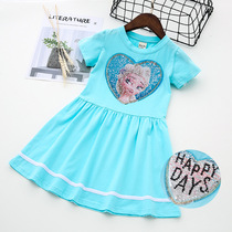 Girl Summer Clothing Children Pure Cotton Flipped Bright Sheet Discoloration Short Sleeve One-piece Dress Ice Princess Dresses Cartoon Unicorn