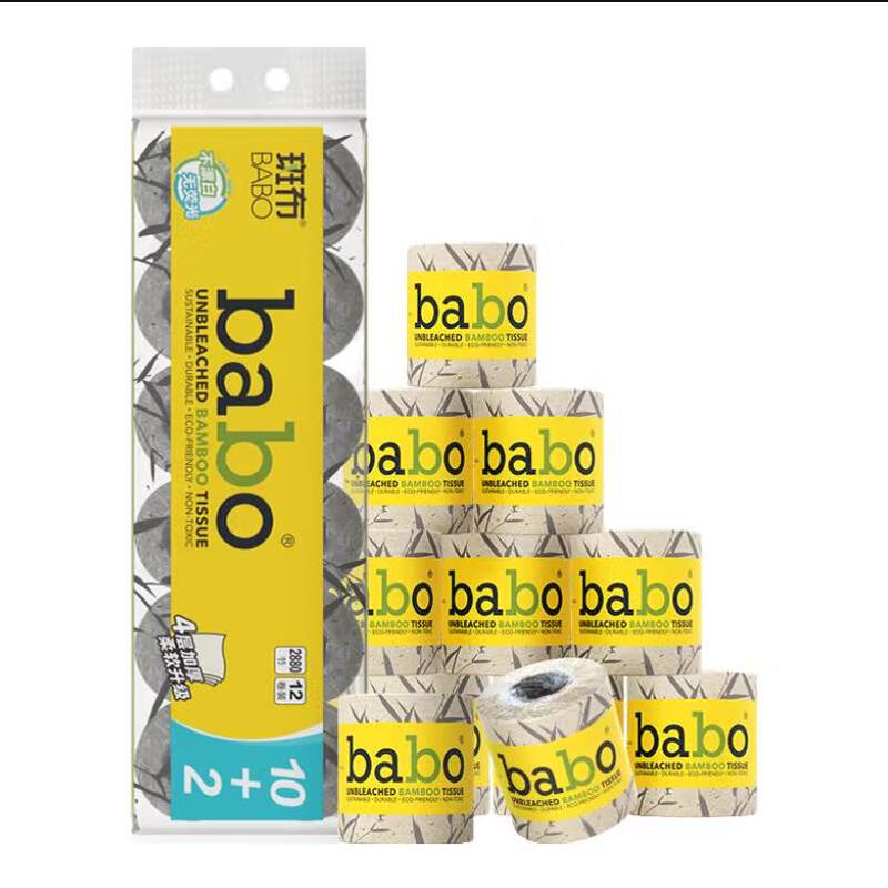 Babo Toilet Paper, Core Roll, 4-Ply, 150g*12 Rolls, 1800g, New Packaging, Economical Pack, Natural Color