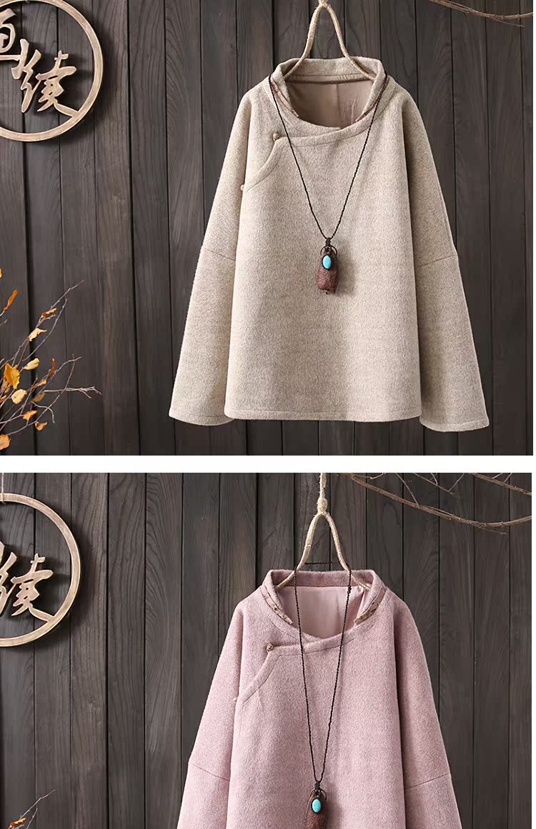 Tranh tiếp tục nguyên bản Loose crossbody khóa lưng thêu ngắn len 2018 mùa đông size lớn quần áo nghệ thuật retro áo khoác măng tô nữ