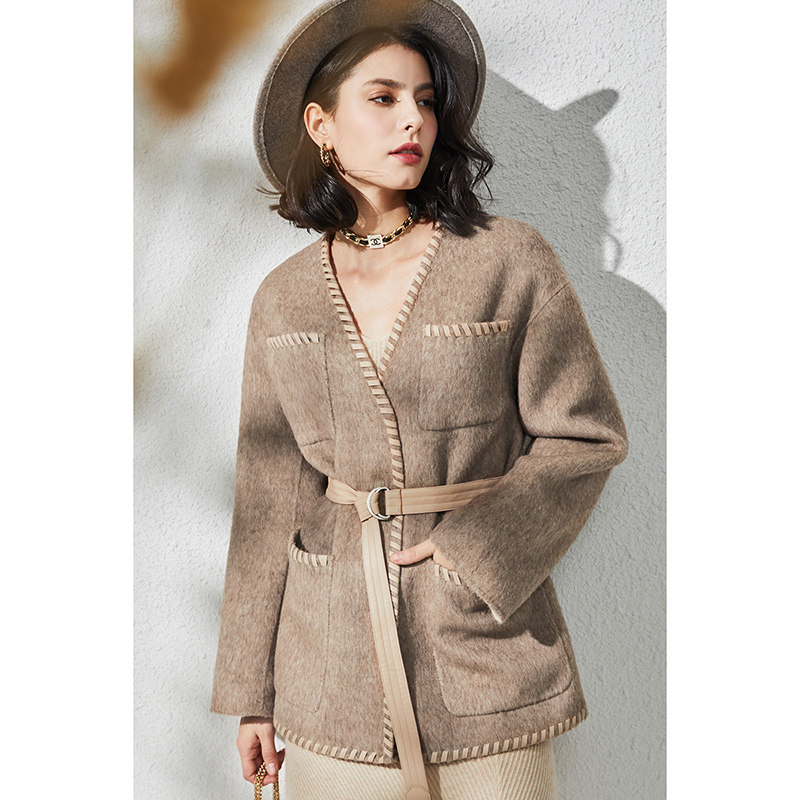 U N Q fully hand - made woven V - collar loose Suli alpaca wool double - sided coat woman