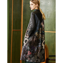 U N Q retro national wind bump color printed sheep leather with long style loose collar genuine leather leather coat female coat