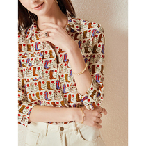 U N Q niche fun art graphic printing Three-point sleeve pure Mulberry silk loose silk shirt top for women