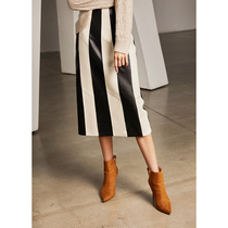 U N Q Fashion Morden Sensation Retro Collision Color with long style Hip Sheep Leather Half Body Dress Genuine Leather Skirt Woman