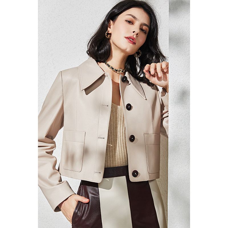 U N Q texture with temperament short sheep skin leather coat menu leather coat female