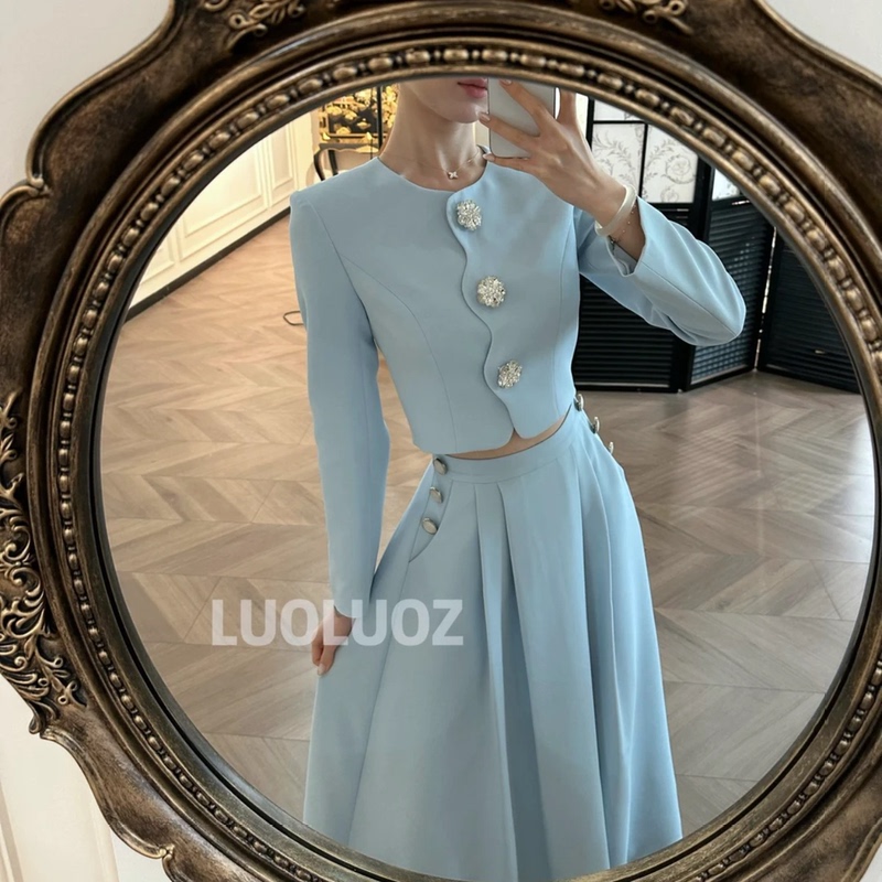 Luoluoz【Lustrous Grace】Light Blue Chanel-Style Suit Elegant Socialite Two-Piece Dress Jf1578 Luoluoz【Lustrous Grace】Light Blue Chanel-Style Suit Elegant Socialite Two-Piece Dress Jf1578