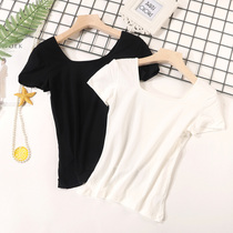 Summer new U-neck short-sleeved T-shirt large size womens Korean version black slim Modell low-neck base shirt womens short-sleeved