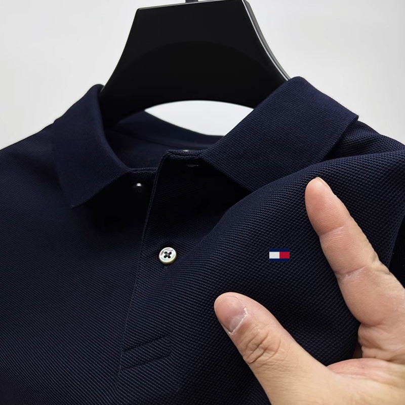 Tommy Pure Color Polo Shirt Short-Sleeved Men's 2025 Summer Business Casual Classy Lapel T-Shirt Loose Breathable Half-Sleeve
