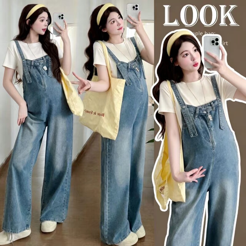 Maternity Overalls Spring and Summer Fashion Late Pregnancy Plus-Size Jeans Casual Versatile Straight Wide-Leg Pants Clothing