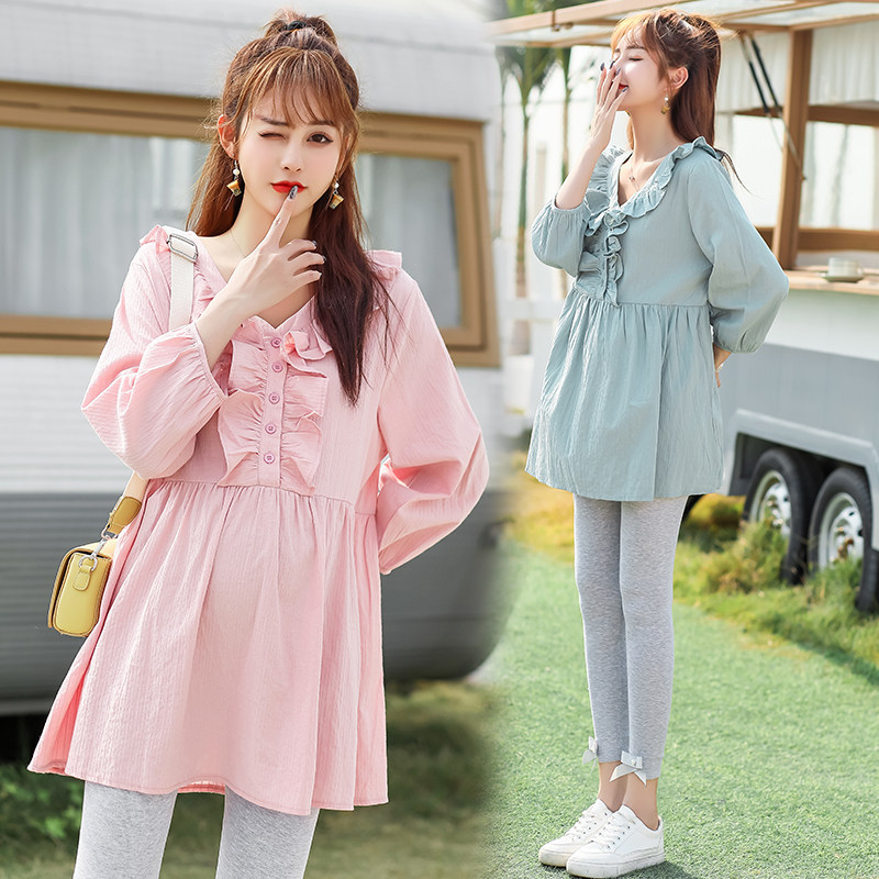2021 new autumn maternity clothes fashion loose long-sleeved mid-pregnancy shirts tops late-pregnancy suits