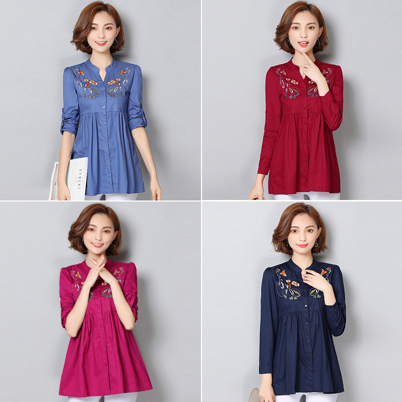 Pregnant woman blouses spring and autumn style Temperament Fashion Loose size Fat mm Pregnant With Late A Word Embroidered Shirt Tide