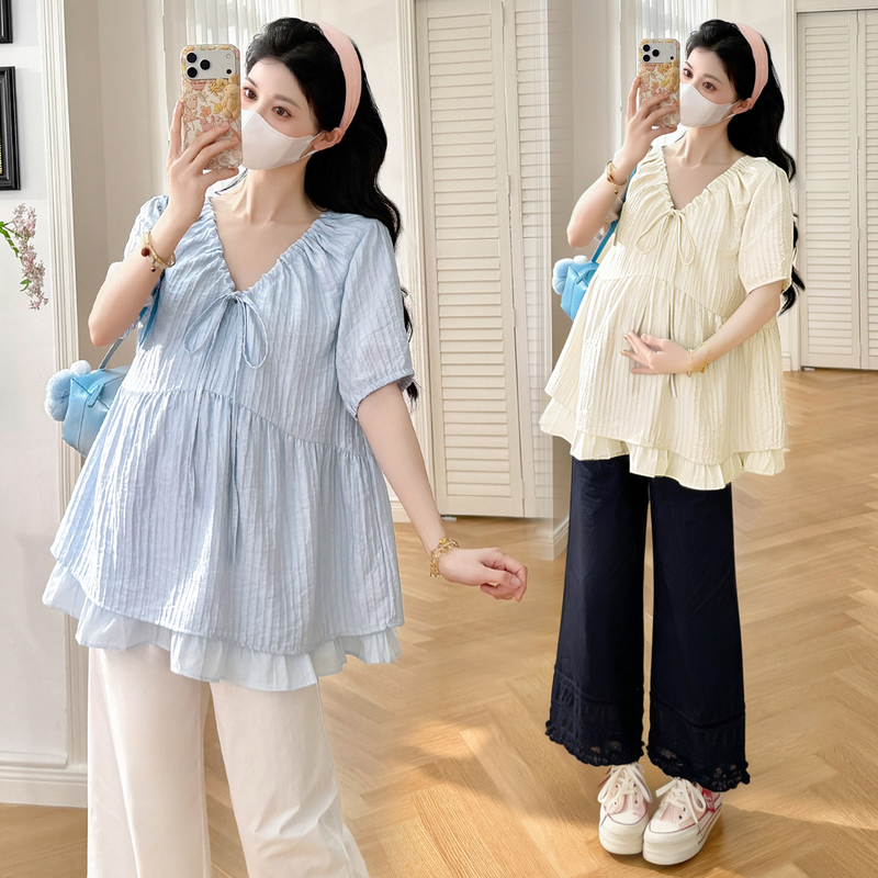 Maternity Tops, French-Style V-Neck Drawstring Shirts, Fashionable Loose-Fitting Babydoll Shirts for Late Pregnancy That Cover the Belly
