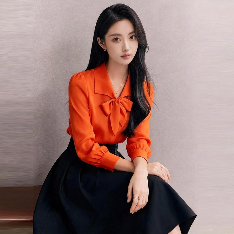 Orange Top, Light and Sophisticated Elegant Style, Lace-Up Shirt for Women, Stylish and Elegant Bow-Tie Shirt, Layered Look, Teacher Profession