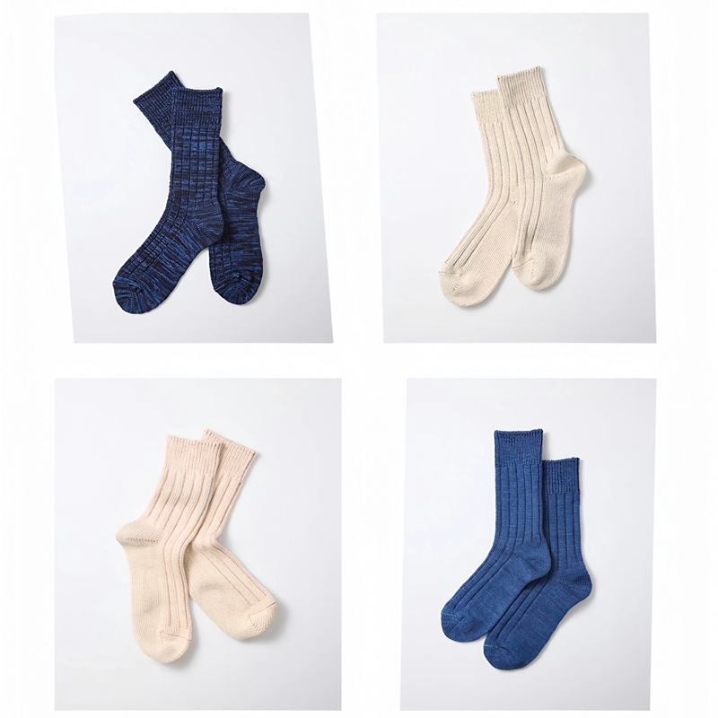 In-Stock Rototo Socks Made in Japan, Unisex High Tube Wide Ribbed Solid Color High-Top Organic Cotton Denim Long Socks