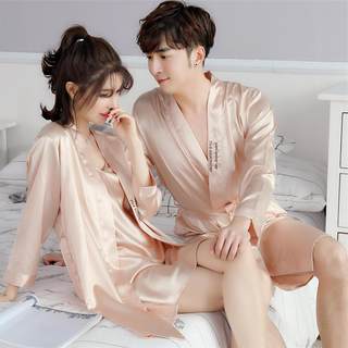 Japanese Silk Nightgown for Men, Summer Thin Ice Silk Bathrobe, Couple Style, High-End Couple Sleepwear, Home Wear
