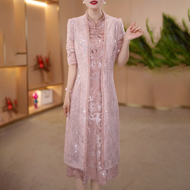 High-End Chinese-Style Thin Two-Piece Dress Set for Women, 2026 Spring and Summer New Model, Improved Cheongsam Dress Set for Mothers