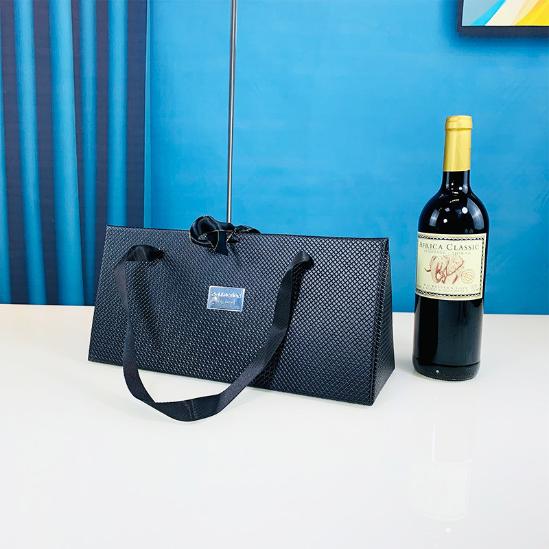 Folding wine gift packaging bag single bottle wine bag leather wine bag portable black bag