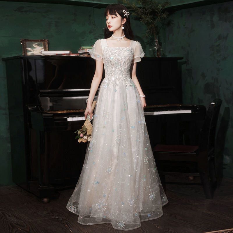 2026 Summer New Style Sequined Mesh Long Skirt, Elegant Student Graduation Evening Dress, Vocal Performance Dress