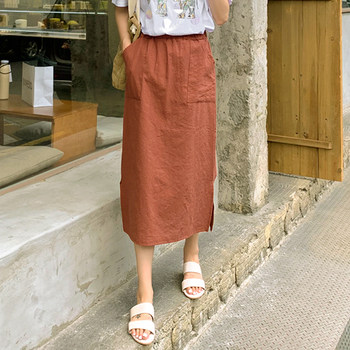 ສິ້ນຝ້າຍແລະ linen ແມ່ຍິງແອວສູງ elastic midi skirt 2026 summer summer linen hip cover skirt ຂະຫນາດໃຫຍ່ temperament ຫນຶ່ງຂັ້ນຕອນ skirt