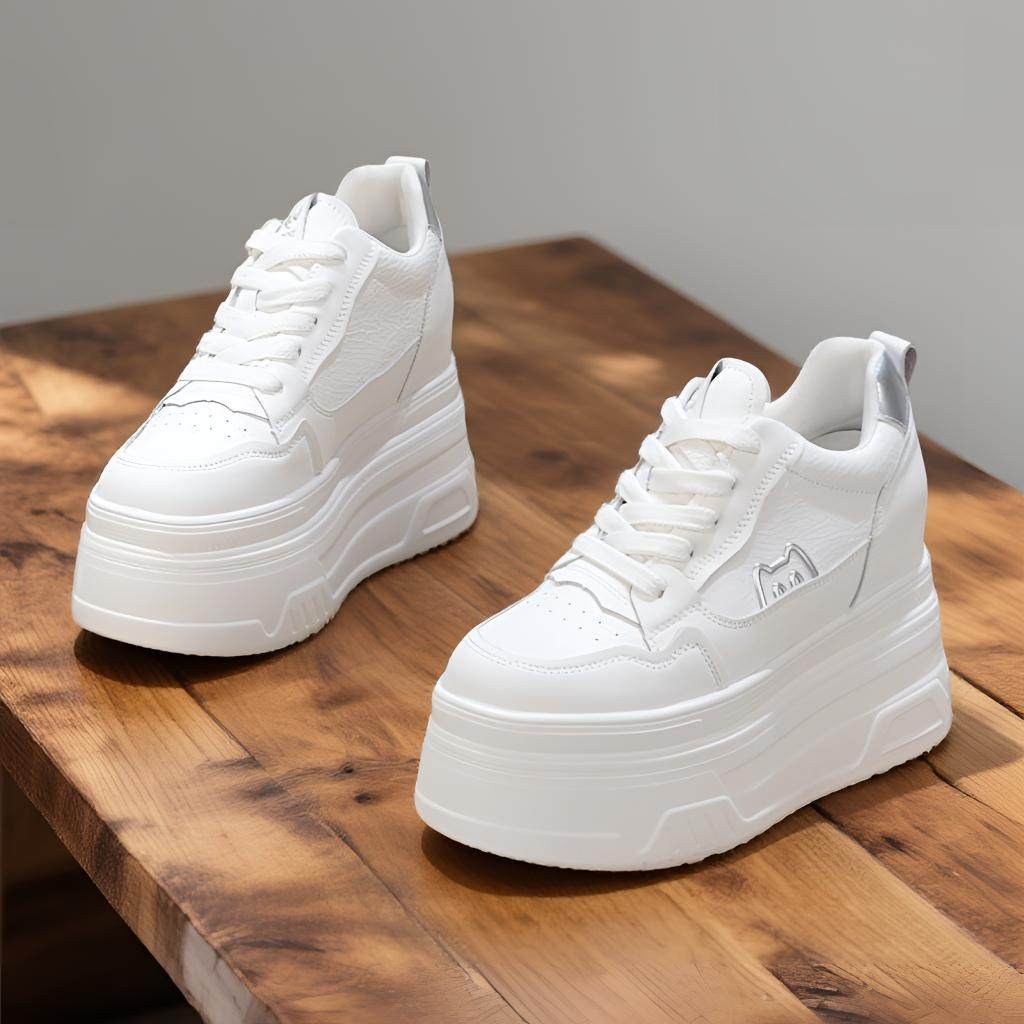 Genuine Leather Fleece-Lined 12cm Thick-Soled White Sneakers for Women 10cm Height-Increasing Cotton Shoes with Ultra-High 14cm Platform Casual Shoes