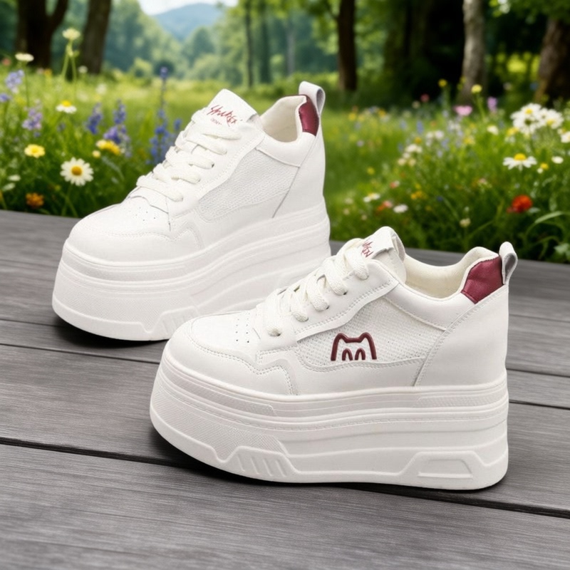 Genuine Leather Mesh 12cm Thick-Soled White Sneakers for Women 10cm Height-Increasing Casual Shoes Ultra-High Heel 14cm Platform Shoes for Petite Women