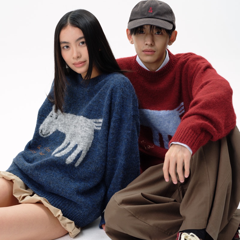 Roaringwild a Arch Roaring Beast Color-Blocked Pony Couple Style Loose Merino Wool Crew Neck Sweater for Men