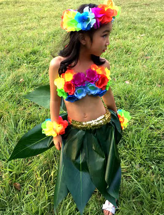 Dance performance Children's adult performance simulation leaves grass skirt flower ring suit walking show for a real straw dress