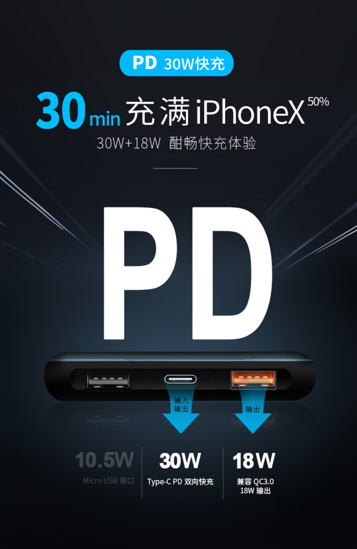 Full Han PD sạc nhanh hai chiều 30w điện thoại di động iPhoneX / 8plus kê máy tính xách tay sạc kho báu QC3.0